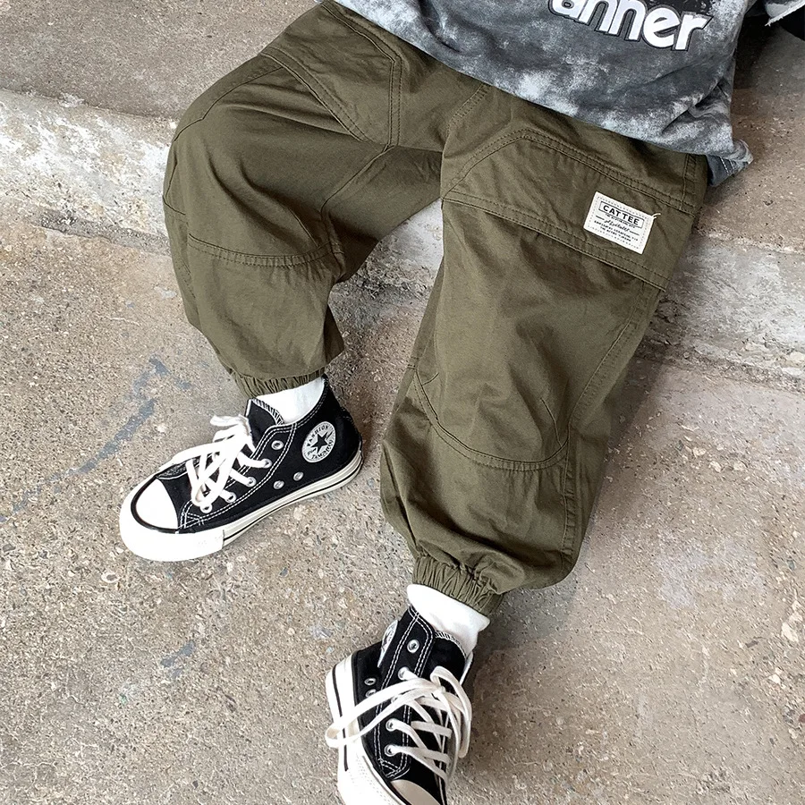 New Spring Autumn Cargo Pants for Boys Casual Loose Trousers with Big Pocket Children Elastic Waist Sport Running Pants 3-14Y