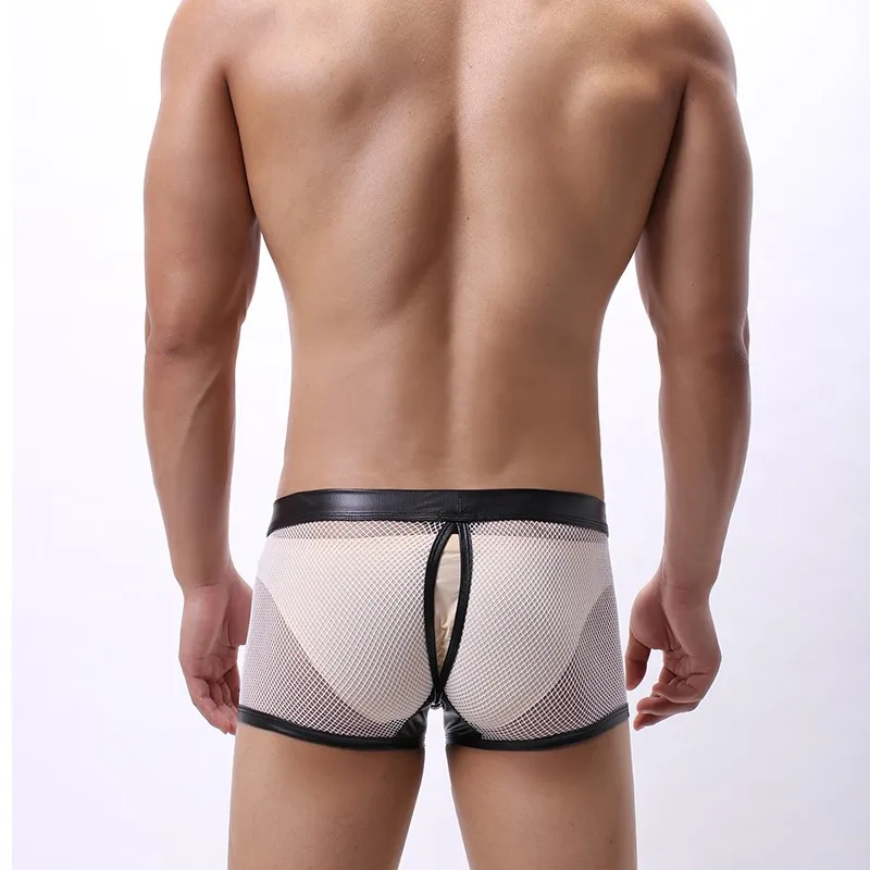 Mens Sexy Underwear Pu Leather Boxer Shorts Sheer Mesh Open Crotch Erotic Lingerie BDSM Fetish Panties Ropa Interior Erotica