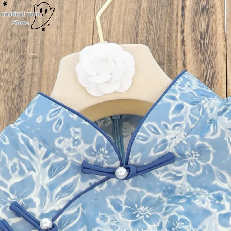 2025 Summer New Blue Qipao Sexy Sleeveless Cheongsam Female Vintage Mandarin Collar Vestidos Robe Dress Princess Chinese Dress