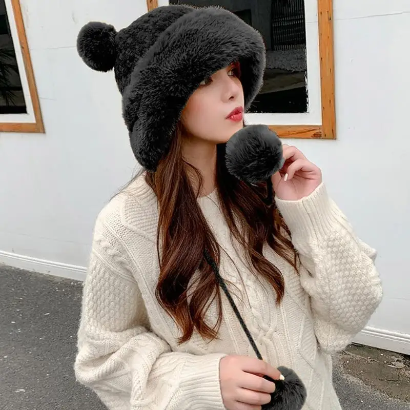 قبعة صوفية دافئة حلوة من القطيفة على شكل كرة دلو قبعة متماسكة قبعة دافئة للأذنين في خريف وشتاء
