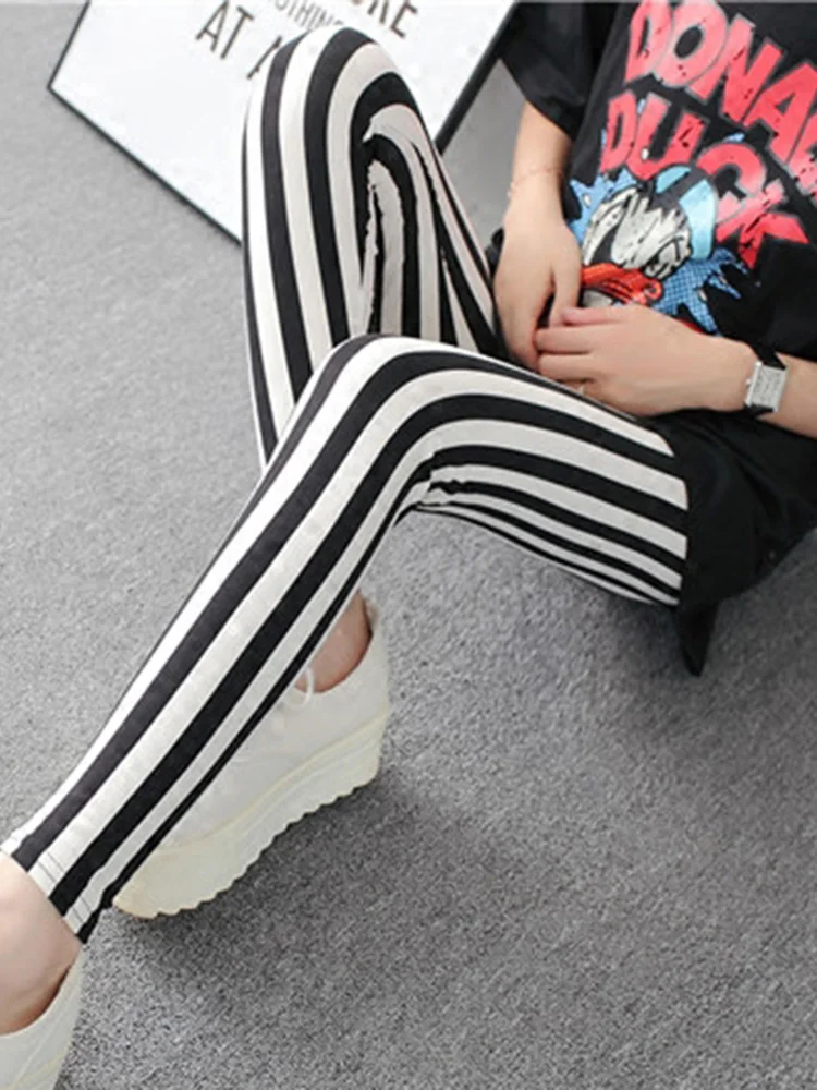 YSDNCHI Striped Printing Pants Fitness Legging Elastic High Waist Polyester Women Stretchy Workout Leggins