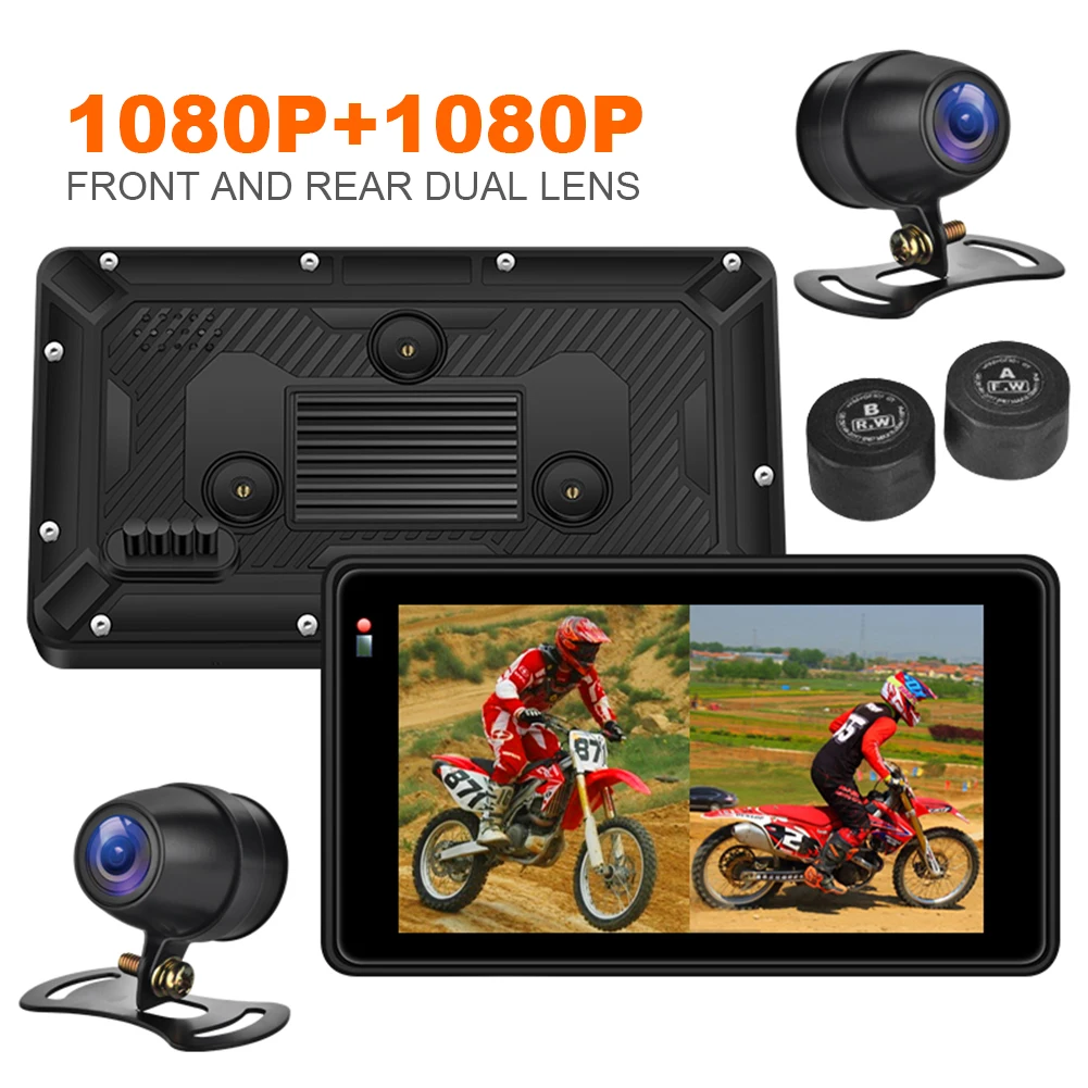 

5 Inch Motorcycle Camcorder Touch Screen Dash Cam Tire Pressure Monitoring Wireless Carplay Android Auto BT WiFi IP65 Waterproof