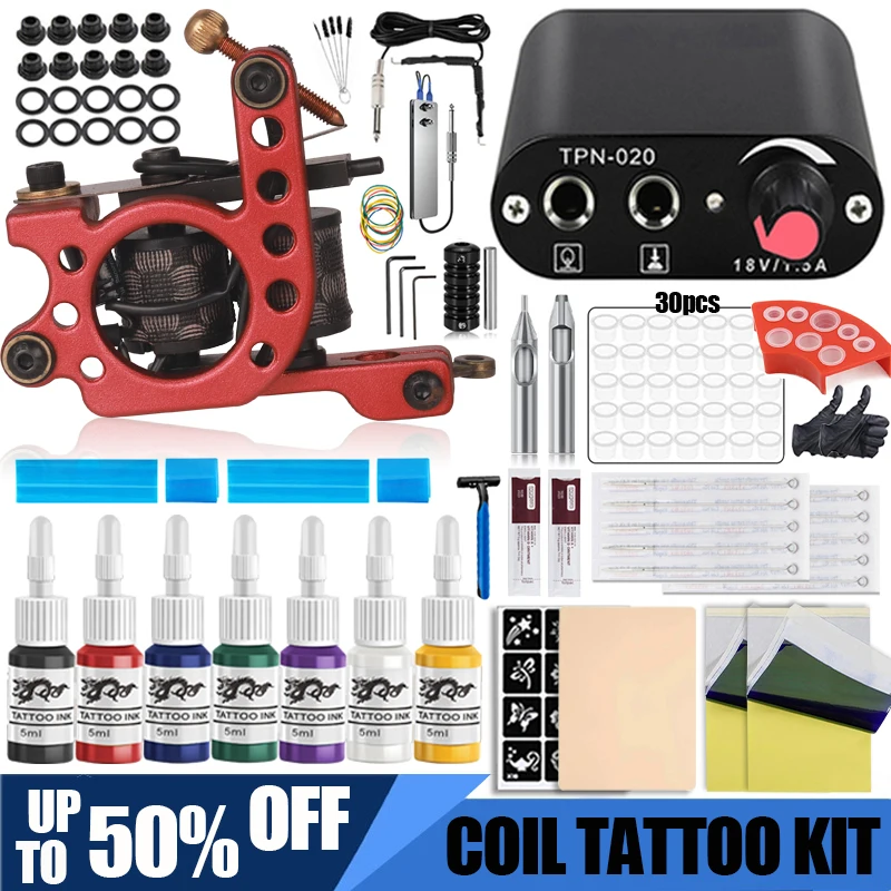 Complete Coil Tattoo Machine Kit 10 Wraps Coil Machine Gun Set Power Supply with Ink Pigment and Tattoo Needles for Liner Shader