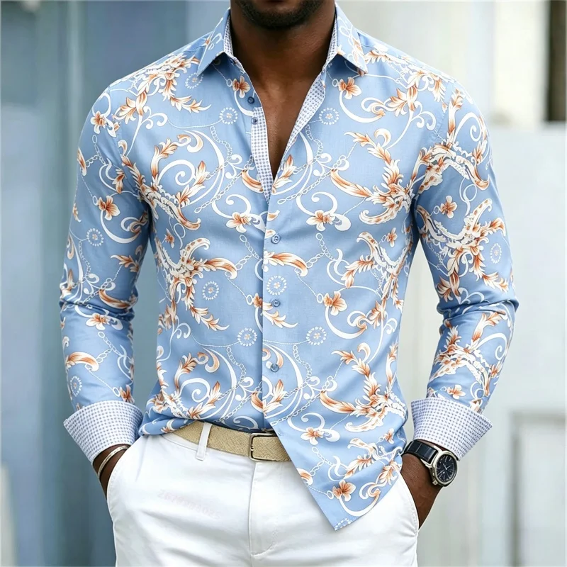 Men's Shirt Long Sleeve Spring Autumn Baroque Floral Chain Scroll Print Lapel Button‑Up Street Business Top Mens Clothing