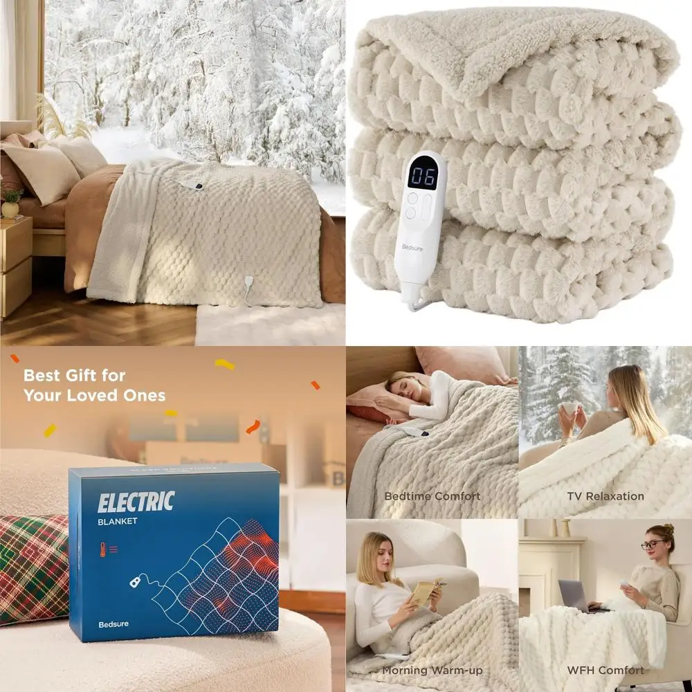 

Twin Size Soft Flannel Sherpa Electric Blanket with 6 Heat Levels, 10 Timers & 8-Hour Auto-Off (Light Brown, 62x84 inches)