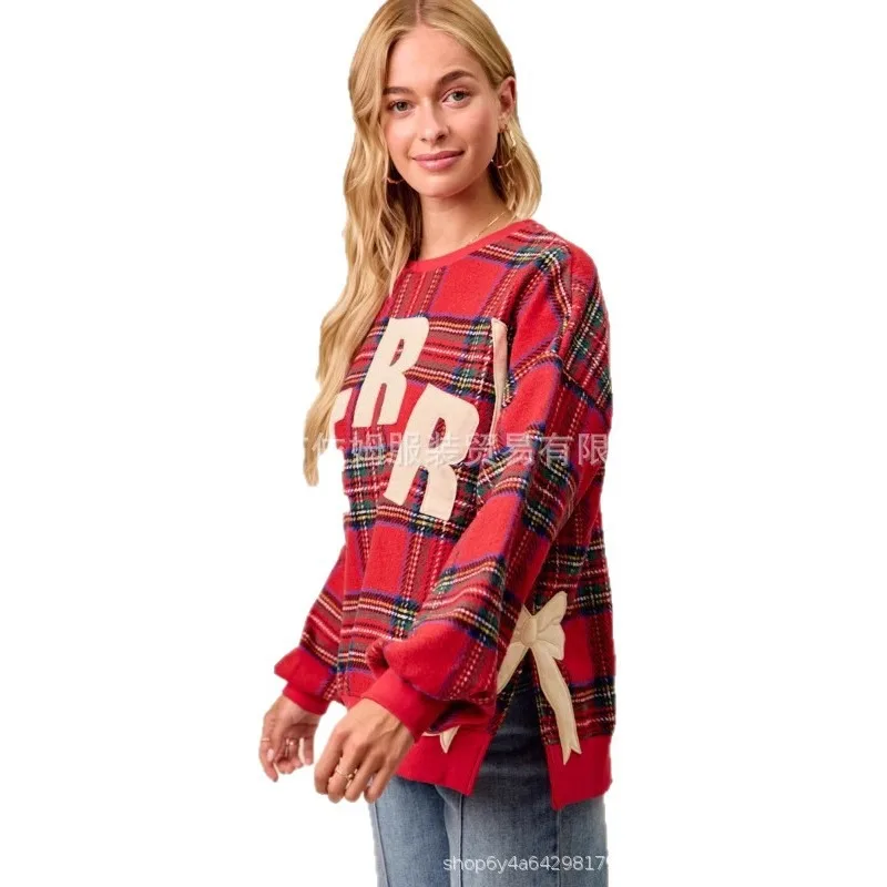 2025年冬 レディース クリスマス リボン刺繍 サイドスリット入り プルオーバー スウェットシャツ カジュアルで心地良い 長袖トップス ホリデー ストリートウェア向け