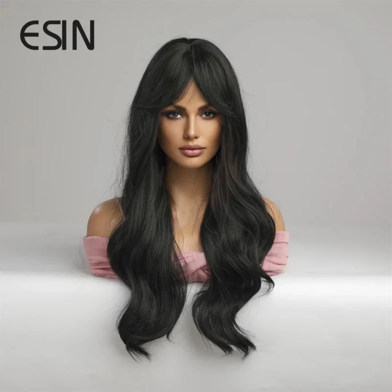 ESIN Synthetic Wig Long Ombre Black Brown Water Wave Wigs For Women Cosplay Party Natural Daily Wigs Heat Resistant Hair