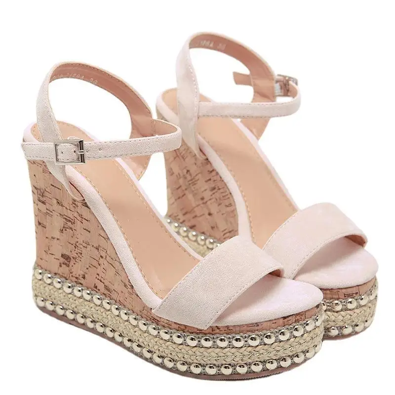 

Trendy Women's Peep Toes Wedge Sandals Sling Back Beach Shoes Girly Beading Platform Pumps