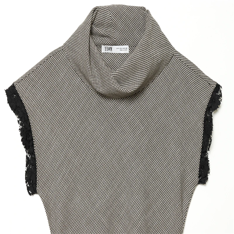 Top de cuello alto de pata de gallo para mujer con ribete de encaje negro - Blusa de punto sin mangas con dobladillo asimétrico para un estilo elegante