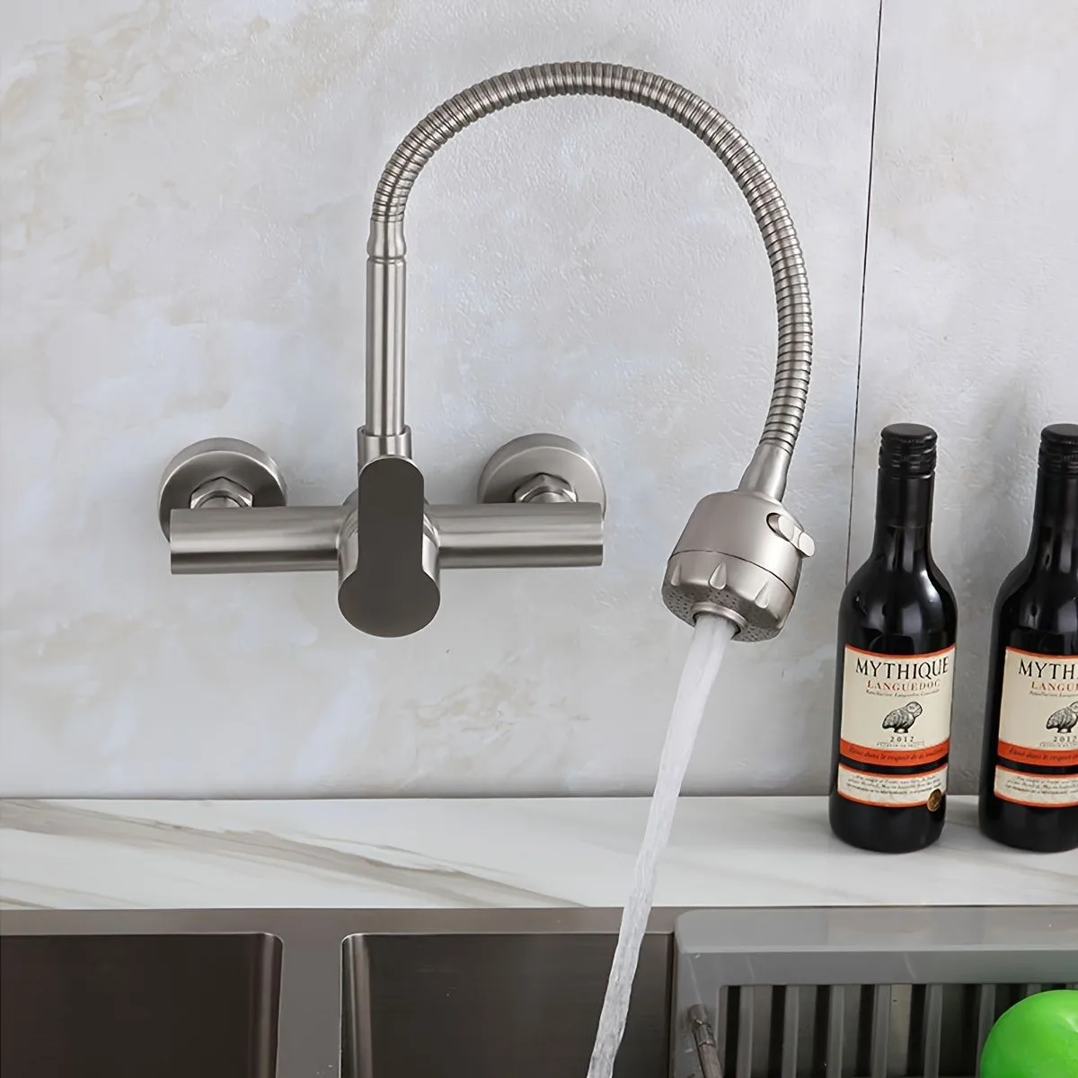 صنبور مطبخ مثبت على الحائط، مقبض واحد، صنبور حوض تجاري، هيكل من الفولاذ المقاوم للصدأ، تشطيب من النيكل المصقول