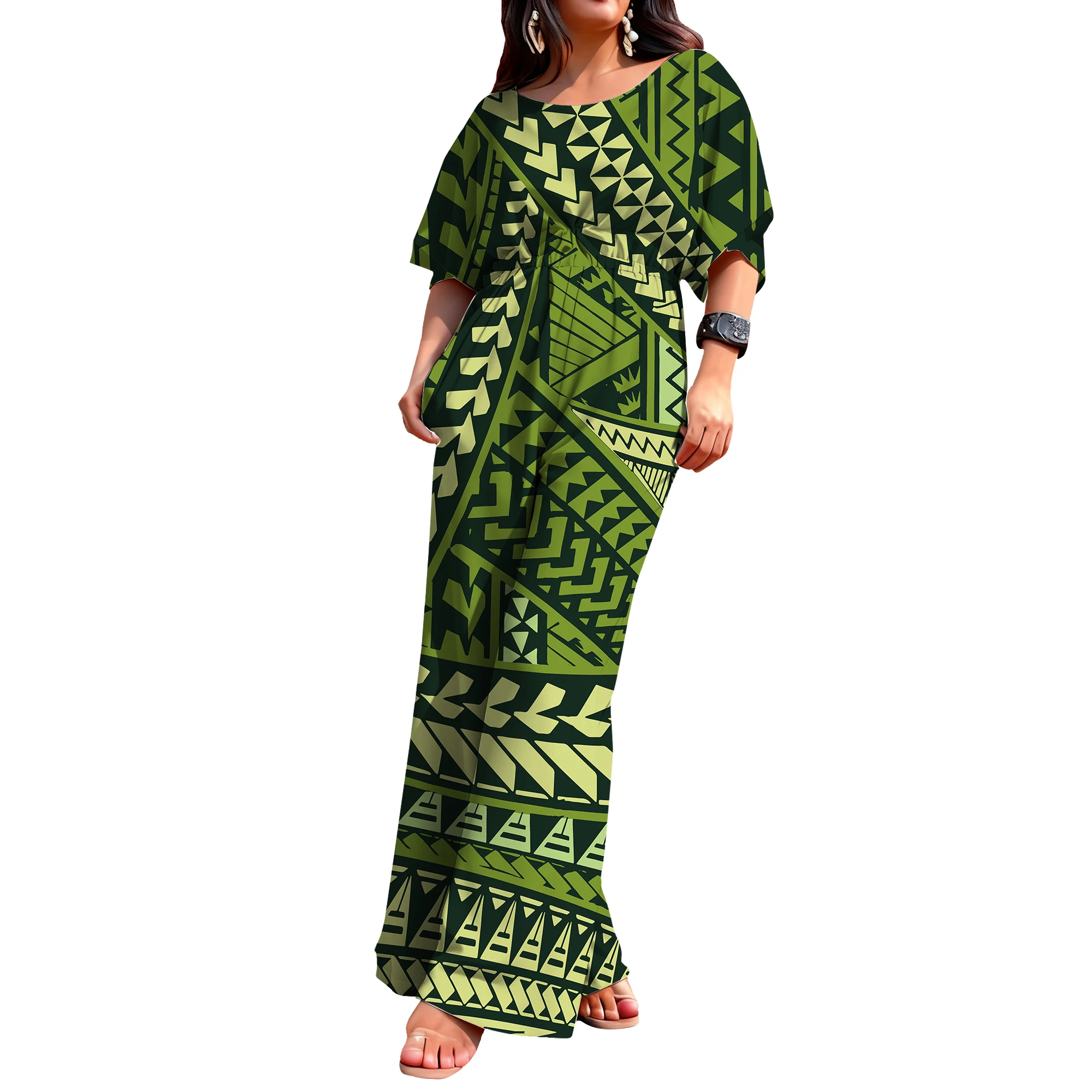 

Comfortable And Casual Round-Neck Women'S Summer Mid-Sleeved Tribal Design Jumpsuit With Polynesian Fashion Patterns