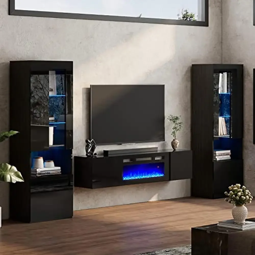 Floating Fireplace TV Stand Set with LED Lights & Bookshelves Modern High Gloss Living Room Entertainment Center Multifunctional