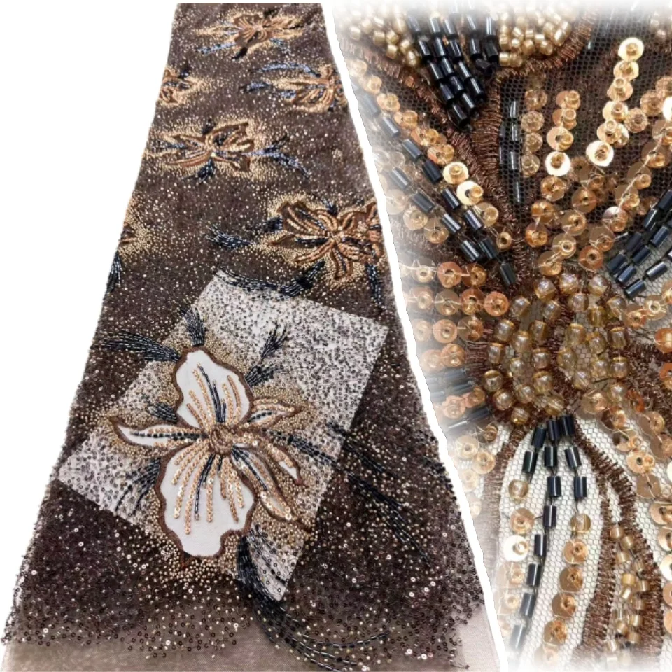 

New Design Fashion Africa Nigerian Artistic Pattern Embroidery Sequins Hot Sale French Beads Tulle Lace for Party Dress TP1477