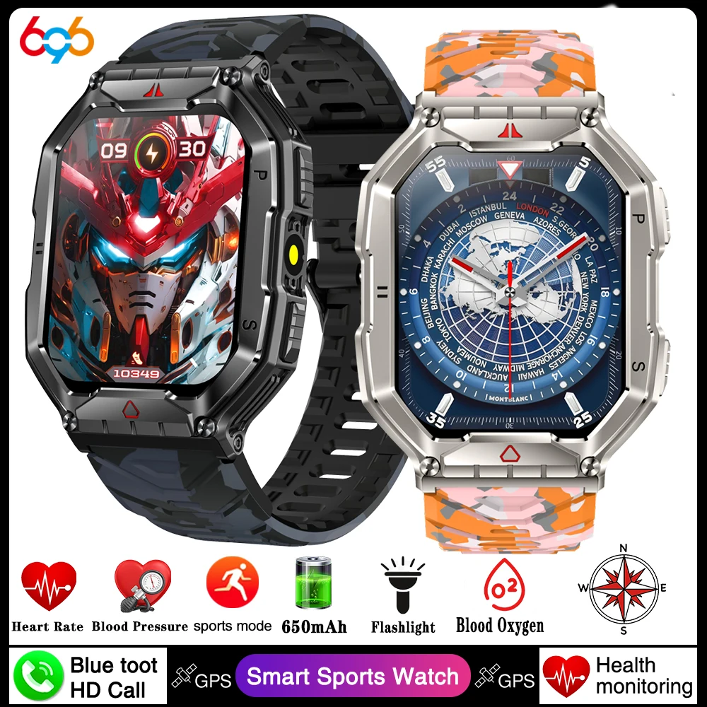 2025 Outdoor Sports Men Compass Flashlight Smart Watch Blue Tooth Call Heart Rate Blood Oxygen Health Waterproof Smartwatch