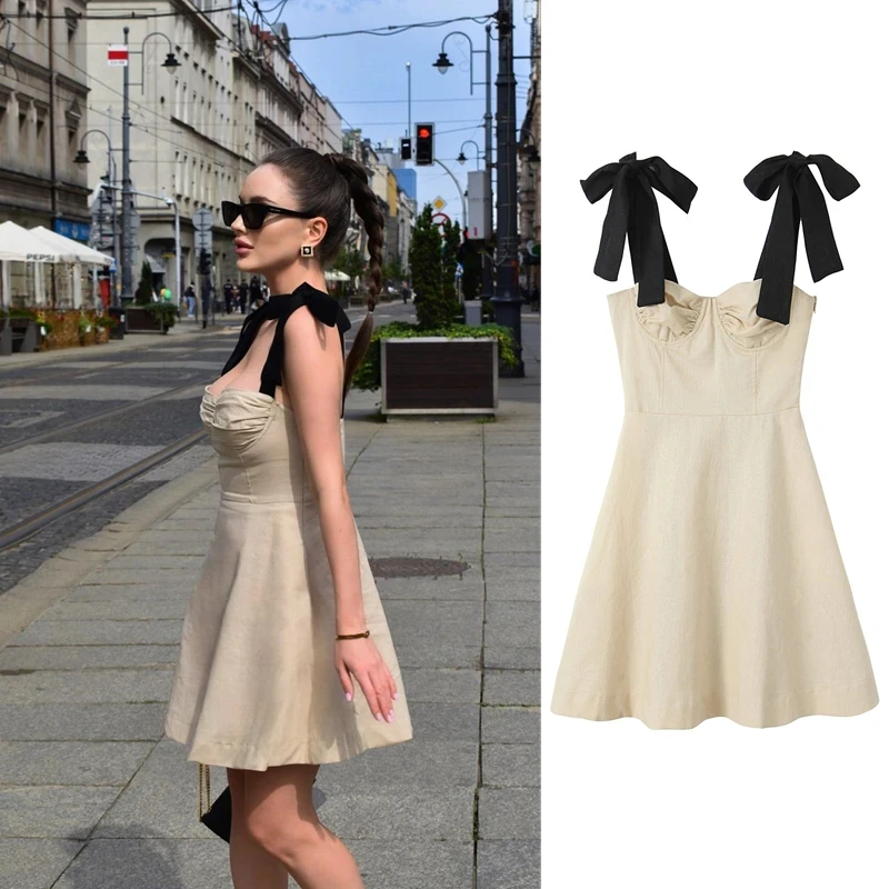 

PB&ZA women's clothing 2024 summer new fashion elegant dress layered decoration contrast color mini suspender dress 8244/351