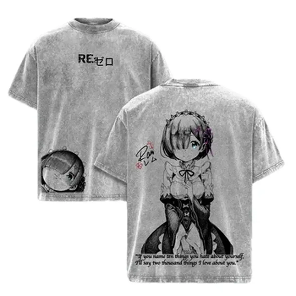 Rem Re:Zero Anime T-shirt Vintage Gothic Y2k Washed Oversized T Shirt Summer Short Sleeve Casual Cotton Tees Tops Men Clothing