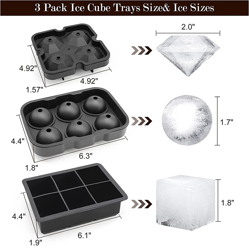 LMETJMA Large Ice Cube Trays Silicone Ice Cube Molds for Freezer with Lid Reusable Whiskey Ice Mold Ball Diamond Ice Mold JT08