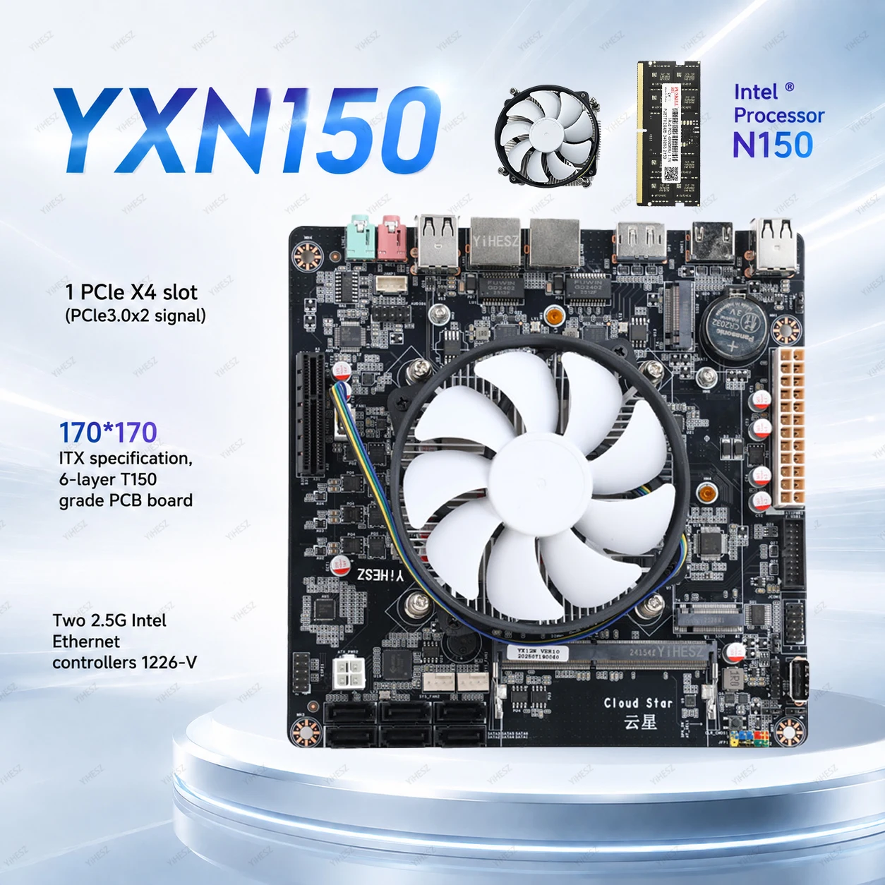 YXN150 DDR4 NAS Motherboard, Dual 2.5G Ethernet Ports, PCIe Slots, Dual M.2 Soft Router