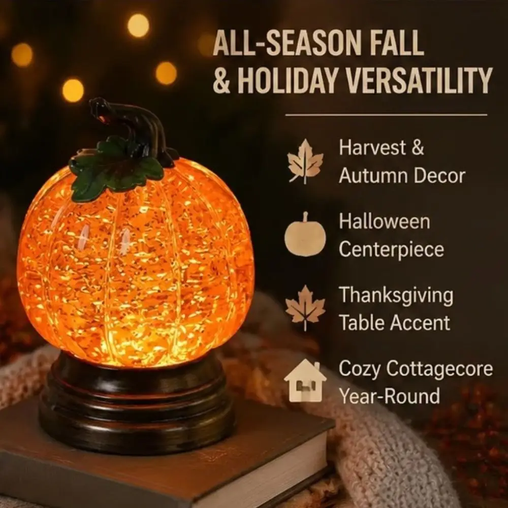 Resin Glitter Pumpkin Table Lamp Retro Creative Glowing Pumpkin Decorative Light Battery-Operated Vintage Halloween Night Light