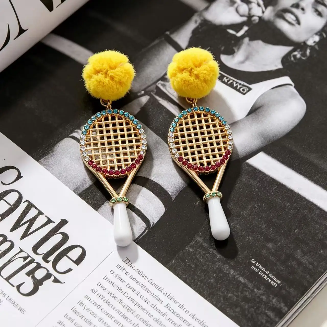 Fashion Creative Alloy Tennis Racket Wool Ball Earrings for Women