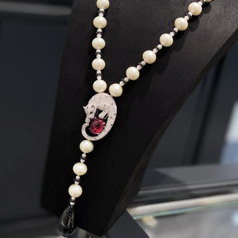 أنيقة اليد جعل الأسود الأخضر الأحمر العقيق متعدد الطبقات الأبيض اللؤلؤ قلادة النمر الفضة 925 ليوبارد مجوهرات للنساء الطرف