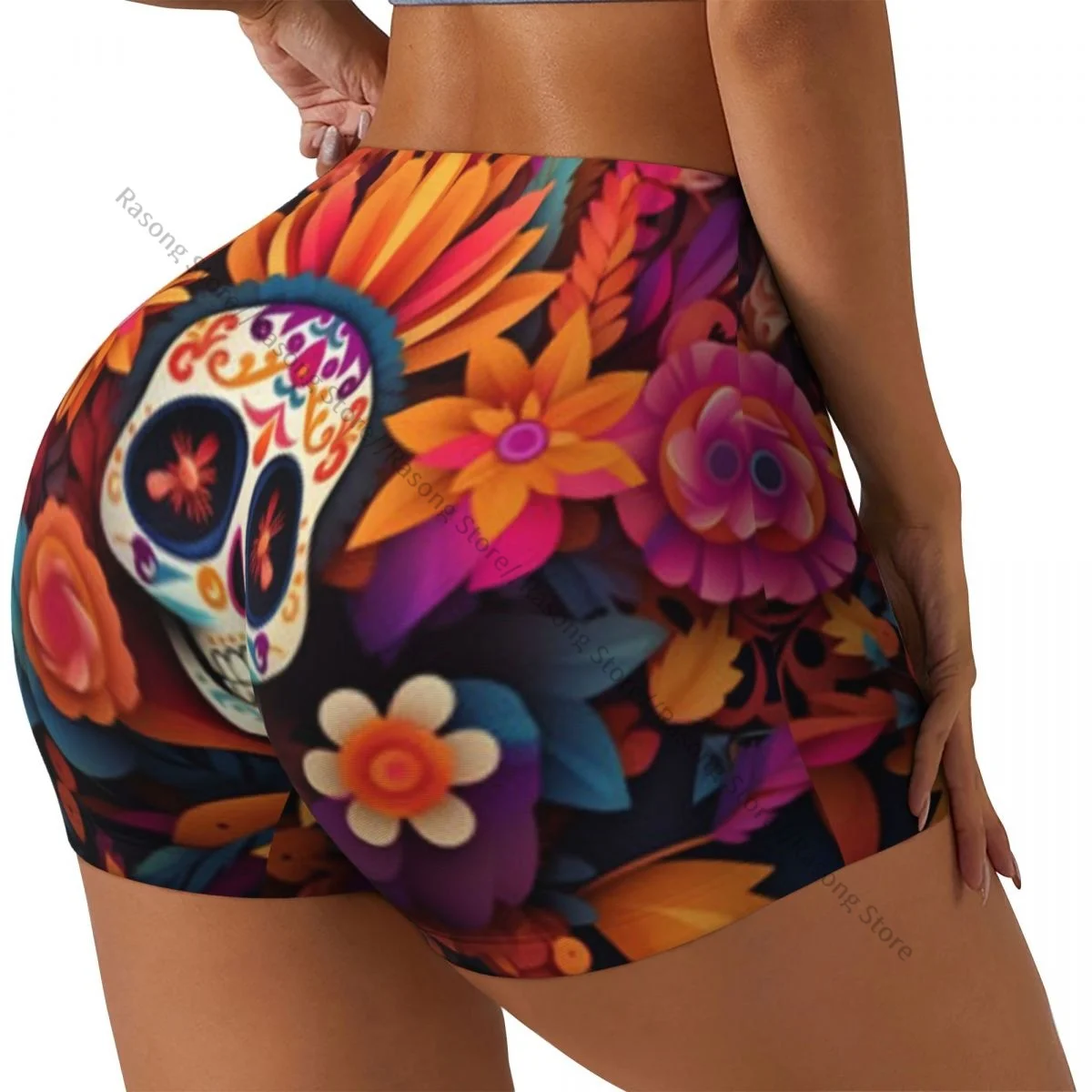 Spandex Yoga Shorts for Women Day Of The Dead Sugar Skull Workout Booty Shorts