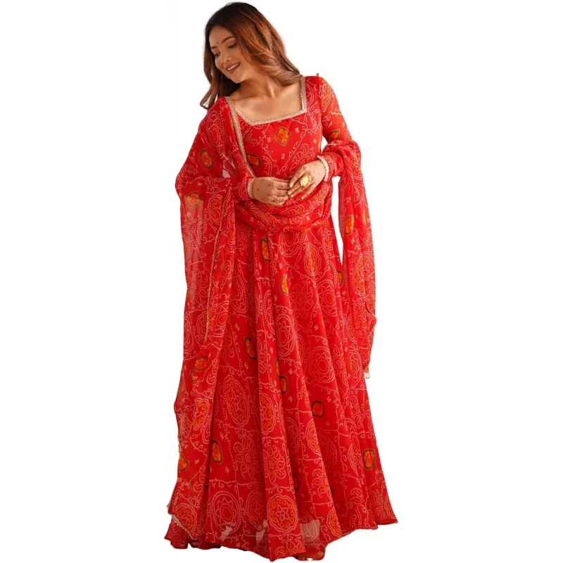 

Shiv Collection Indian Style Pure Soft Chiffon Bandhej Fully Flair Gown Set for Women ready to wear