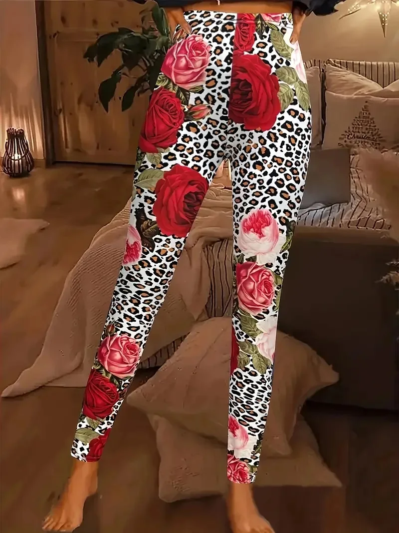 Sexy leopard print rose print tight stretch elastic waist comfortable casual leggings for women spring/summer