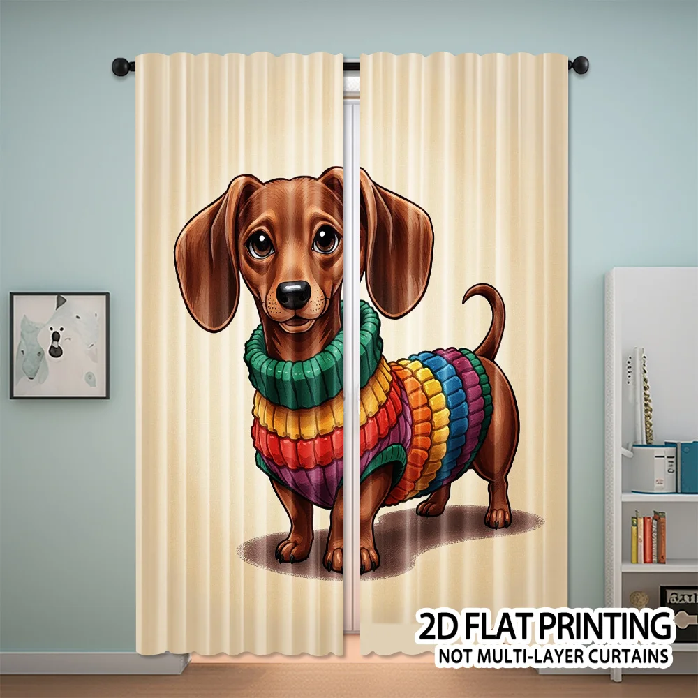Cute Dachshund Dog Curtain, Rainbow Sweater Puppy Pattern Drape, Funny Animal Window Treatment for Kids Room Living Room Home