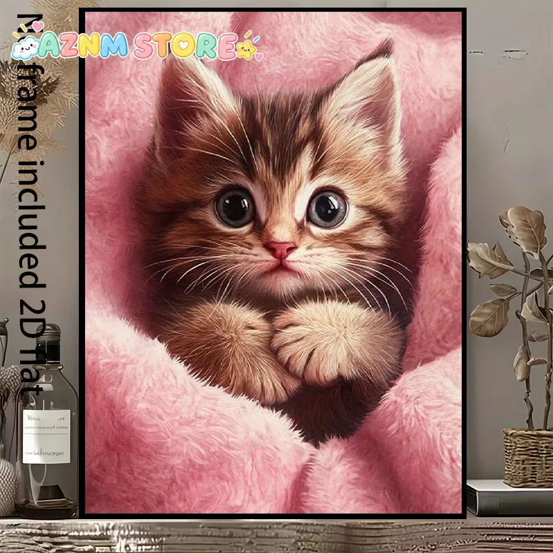 2027,  Vertical Frameless Cat Canvas Painting - Adorable Kitten Curled on Pink Blanket, Suitable for, Bedroom, Wall Decor, Sp
