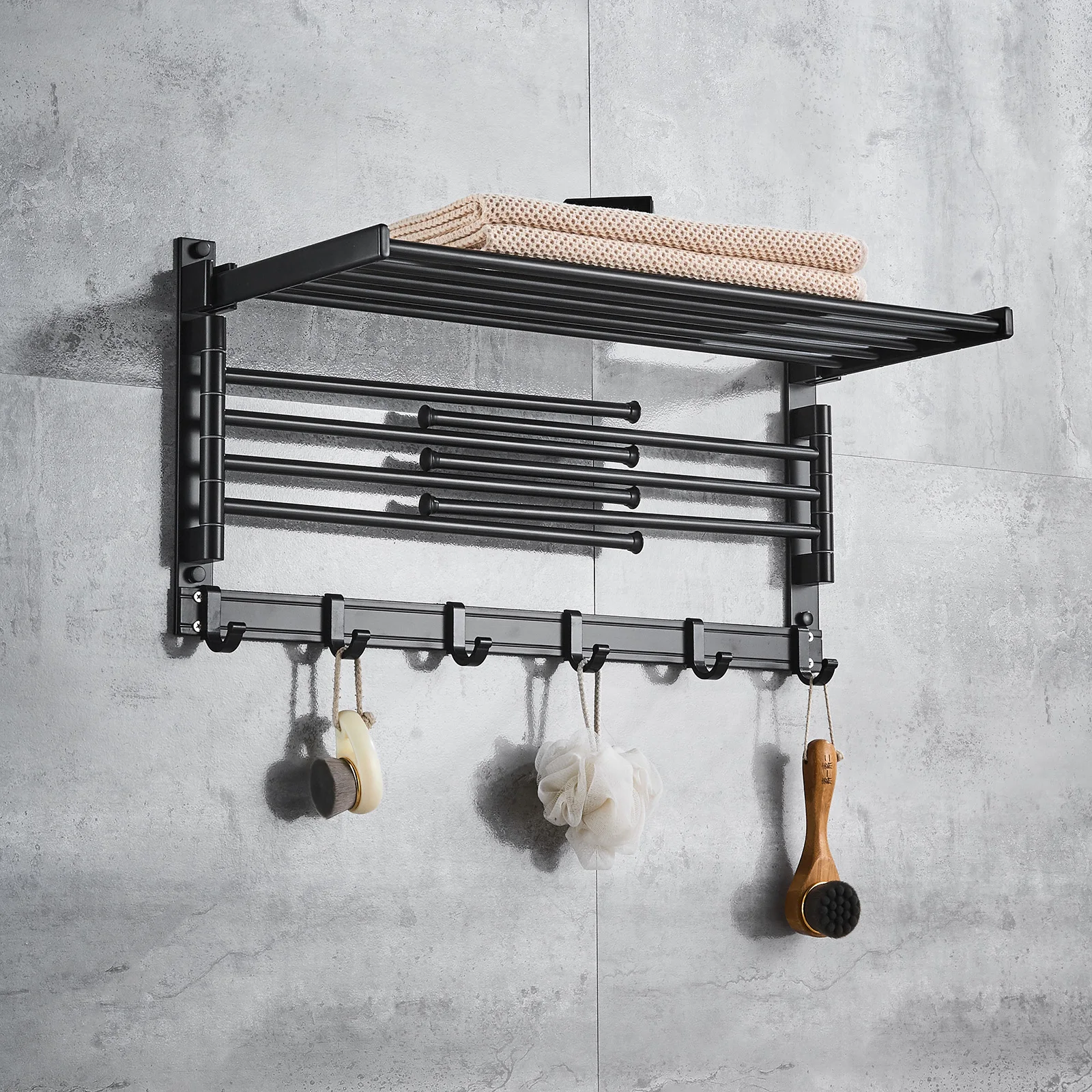 

Laundry Clothes Drying Rack - Wall Mounted Swivel Towel Rack with Hooks and Swing Arms Space Saver in Laundry Room and Bathroom