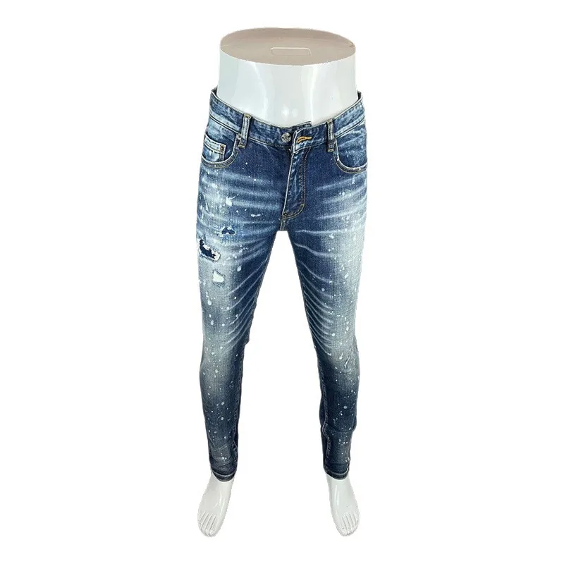 High Street Fashion New High Quality Jeans Painted Scratched Water Washed Nostalgic Stretch Slim Fit Retro Blue Jeans Designer H