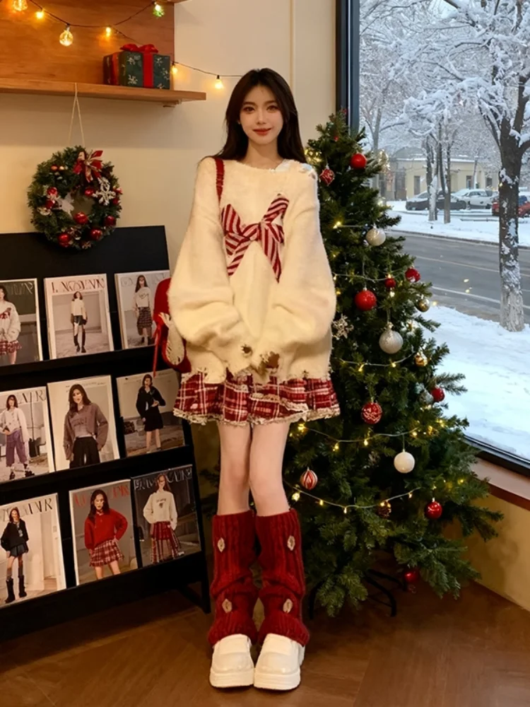 

Christmas Atmosphere Knitted Loose Sweater And Plaid Dress Two-Piece Set Women's Winter Fashion Casual Style Regular Fit