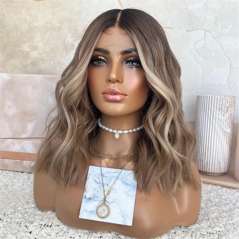 

Brunette Cinnamon Brown Dimensional Honey Balayage Wavy Wig Ombre HD Invisible Lace Front Wig Layered Middle Part 13x4 Free Part