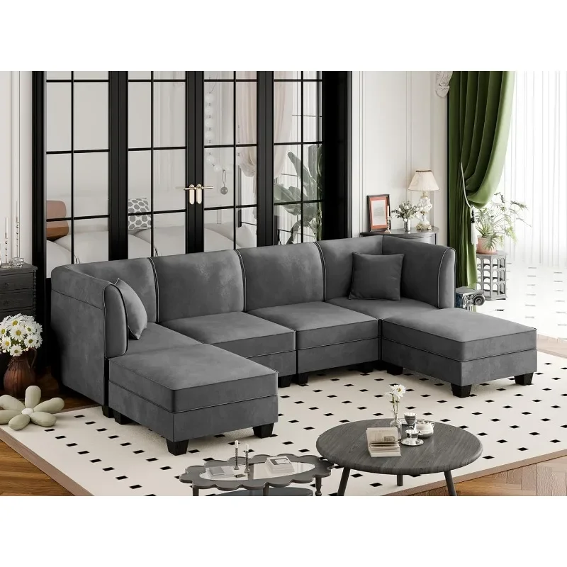 6 Pieces Sectional Couch Modular Sofa With Reversible Chaise 116