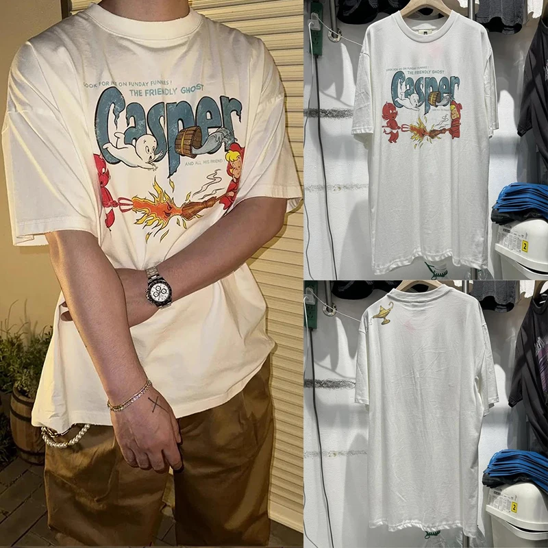 

24SS Casper High Quality Heavy Fabric Washed Summer Short Sleeve Loose Casual Cartoon Letter Print Men Women 1:1 Vintage T-shirt