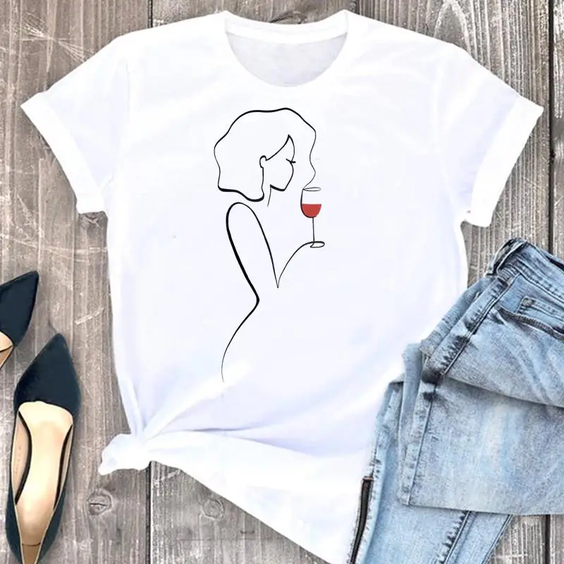 Kobiety ładne wino akwarelowe szczęśliwy czas koszulka z krótkim rękawem T-shirt z nadrukiem ładna Top odzież z nadrukiem kreskówki moda koszulka z