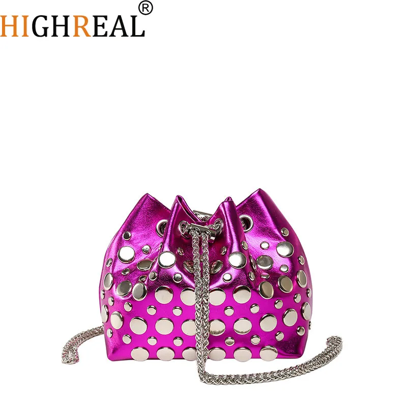 

Candy Color Rivet Bucket Bag Punk Chains Shoulder Bag Luxury Designer Bags for Women Drawstring Crossbody Bags Small Phone Purse