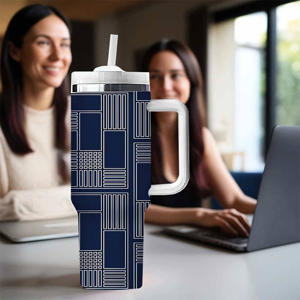 Navy Blue Abstract Geometric Line Block Pattern Insulated Travel Tumbler with Handle And Reusable Drinking Straw