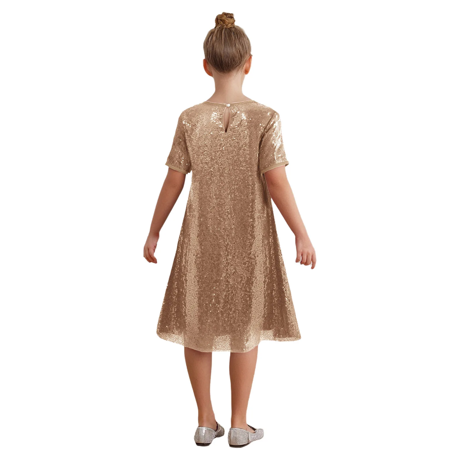 Abito da principessa per bambina, moda estiva, girocollo, maniche corte, paillettes scintillanti, abito da festa per spettacoli di compleanno