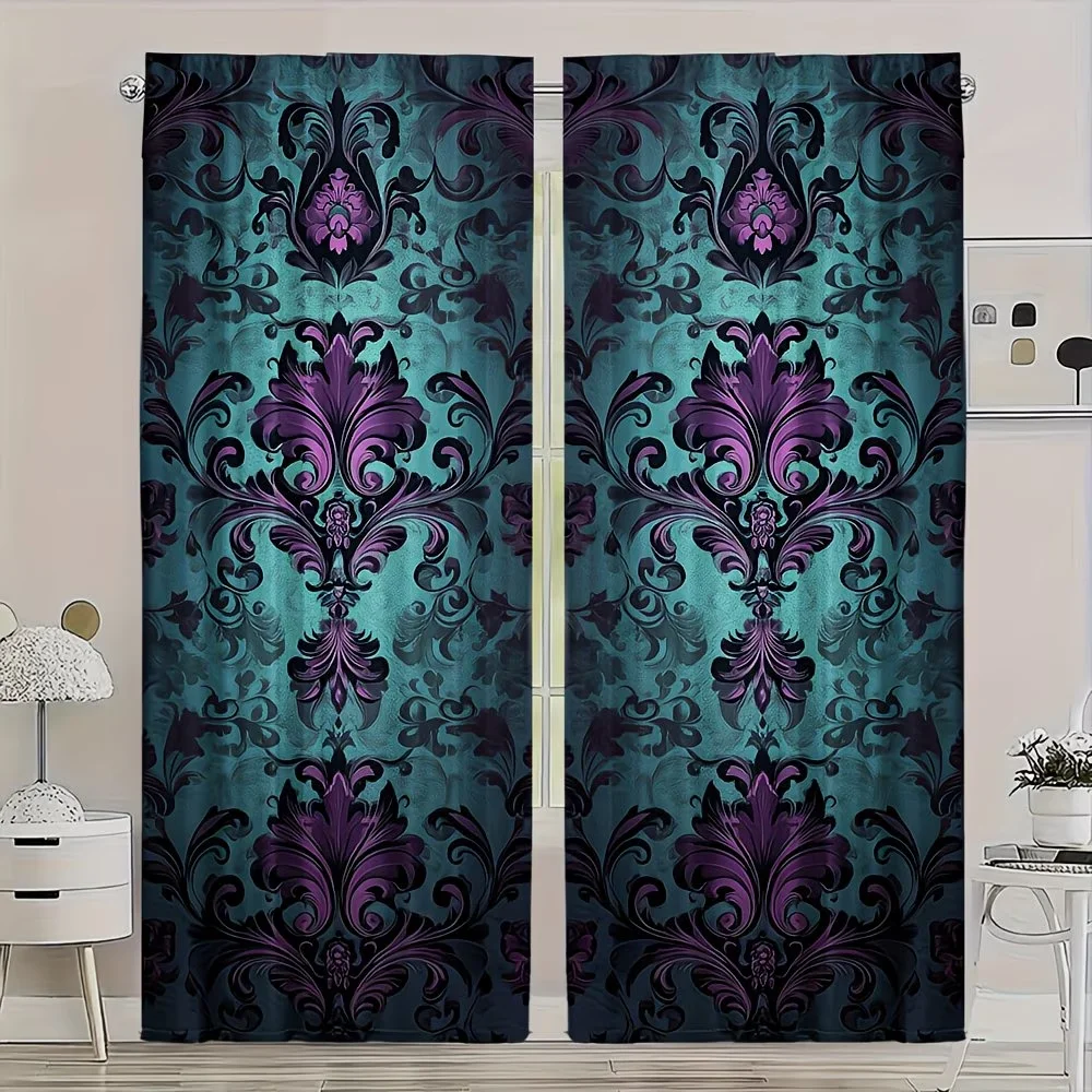 

2Pcs Curtains Gothic-Style Aqua Floral Window Drapes for Bedroom Living Room Decoration Window Treatment.
