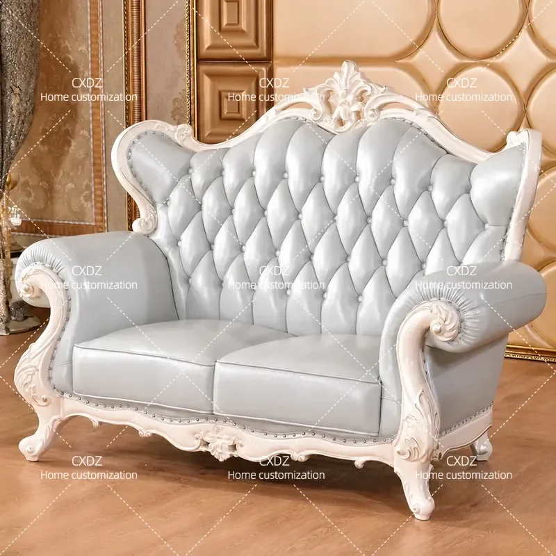 Shaped Sofa Set Top Grain Leather Solid Wood Carved Living Room Furniture 123 Combination Villa Couch
