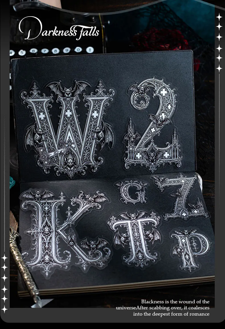 Journal GO 36 Stück Dark Symbol Gothic PET-Aufkleber, verzierte Alphabet- und Zahlen-Abziehbilder für Journaling, Scrapbooking, Planer & DIY-Bastelarbeiten – Detail 11