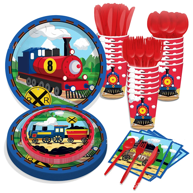 Cartoon Train Birthday Disposable Tableware Cartoon Train Head Plates Cups Napkins Boys Happy Choo Choo Birthday Party Supplies