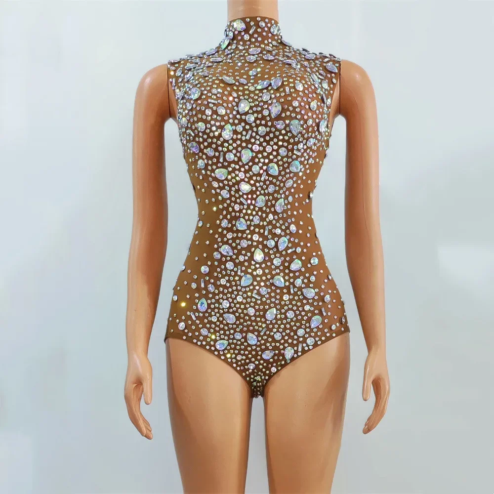 

Sexy Sleeveless Bodysuit Stage Rhinestones Performance Costume Nightclub Party DJ Mesh Transparent Leotard Carnival Rave Outfit