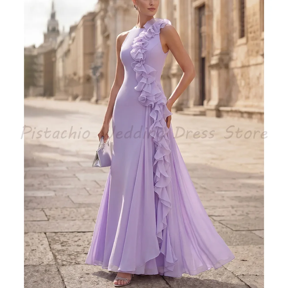 

Lavender Elegant Asymmetric Ruffle Chiffon Maxi Dress Sleeveless Wedding Guest Evening Party Gown