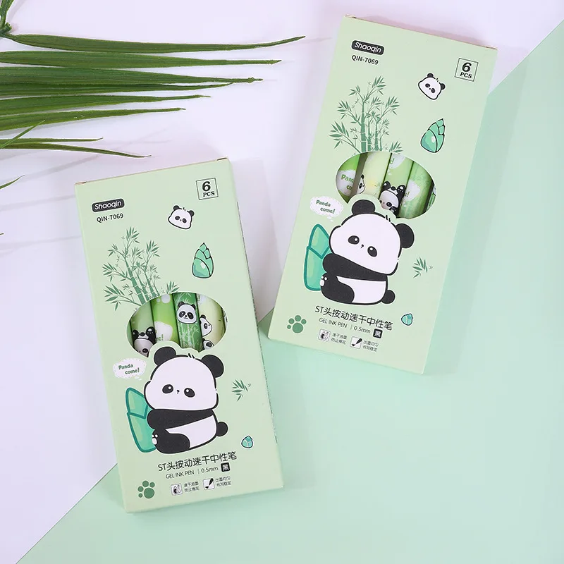 Kawaii 6 PCS Gel Pens Lovely Panda Bamboo Office Stationery Funny Pressing Pens Smoothly Writing Aesthetic School Supplies