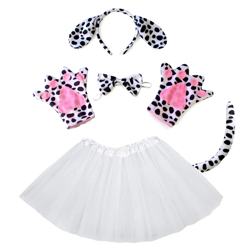 

Animal Dalmatians Dog Costume for Children Adult Spotty Dog Cosplay with Headband Bow Tie Tail Gloves Cartoon Cute Dress Up