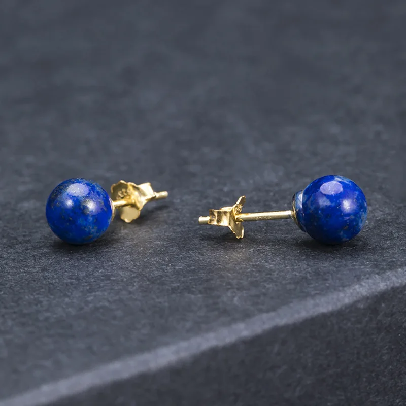 Real 925 Sterling Silver Lapis Lazuli Beads Stud Earrings For Women Vintage Femme Gift Prevent Allergy Fine Jewelry