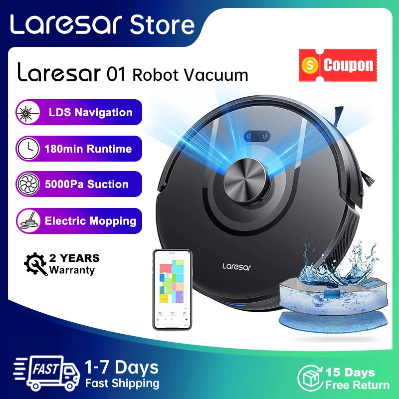 Laresar 01 Robot Vacuum Cleaner Mop, LDS Lidar 5000Pa Suction 180min, Smart Planned Map APP Alexa for Home Floor Pet Hair Clean